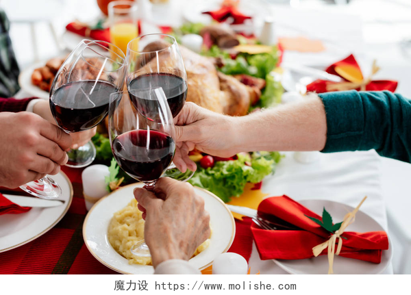 朋友们在感恩节聚餐用烤火鸡在餐桌上庆祝感恩节时, 酒杯中的家庭无比的形象